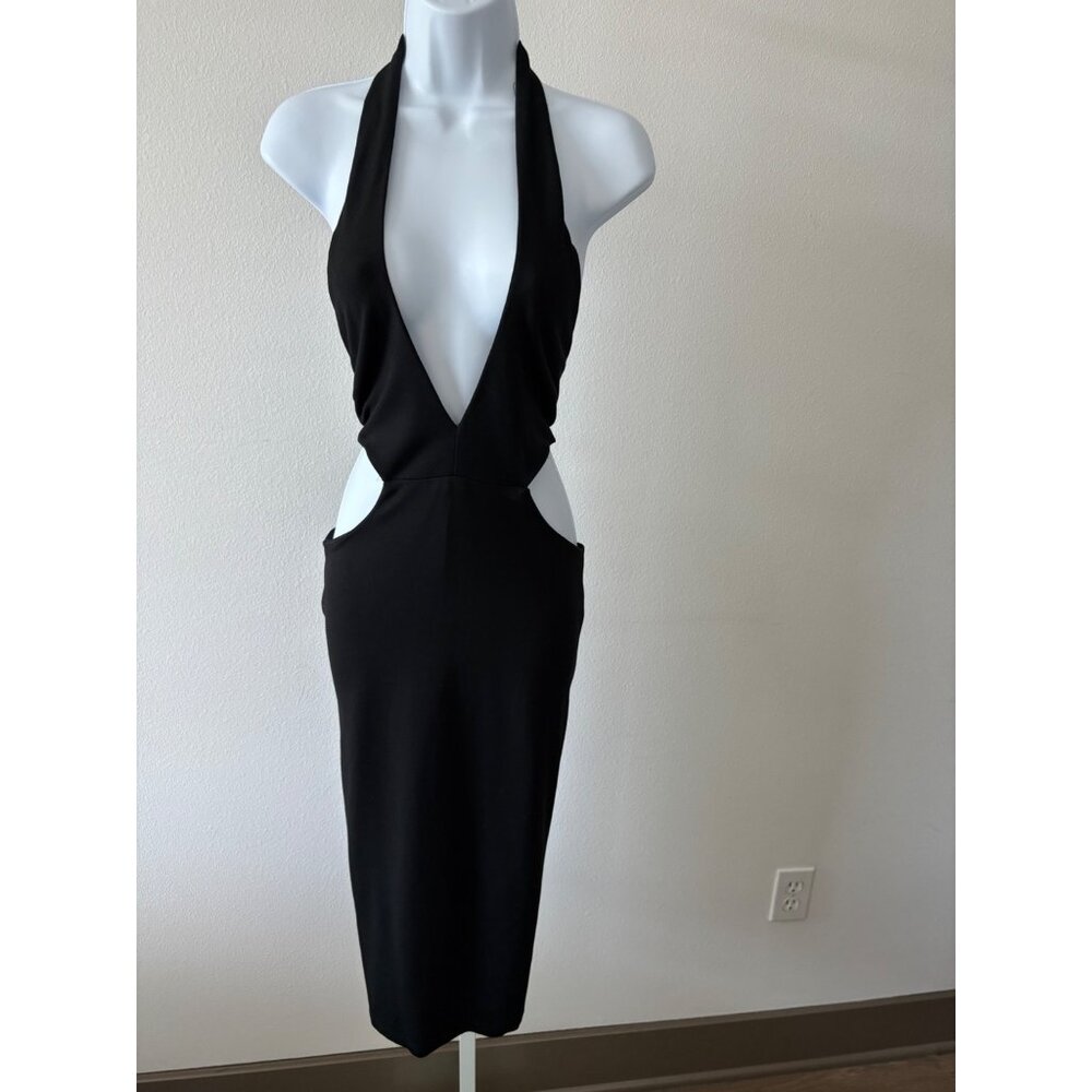 Cutout Halter Dress L Bodycon Plunge Neck Backless Y2K Club Core Night Out Glam - Picture 2 of 14